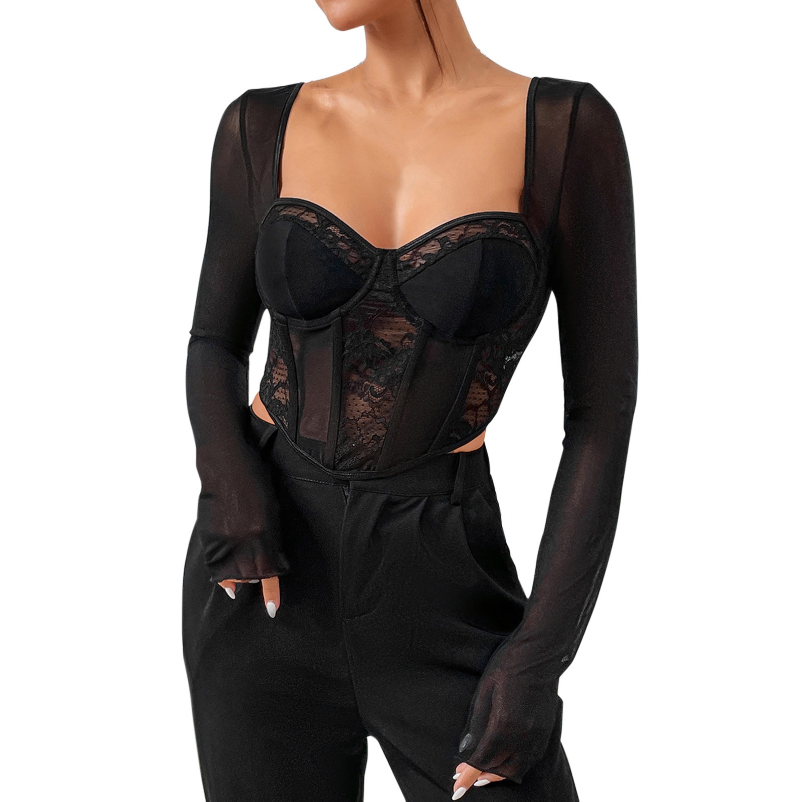 thumbnail image 2 of Top sexy de manga larga de encaje negro para mujer: cuello cuadrado, diseño en espiga, poliéster, corte ajustado, ropa informal/para citas., 2 of 2
